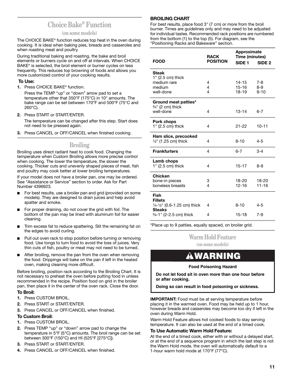 Warning, Choice bake, Function | Broiling, Warm hold feature, On some models) | Whirlpool 9762363A User Manual | Page 11 / 20