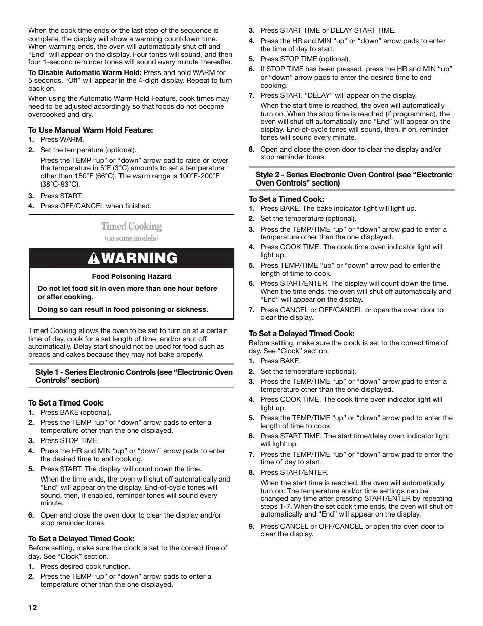 Warning, Timed cooking | Whirlpool 9762363A User Manual | Page 12 / 20