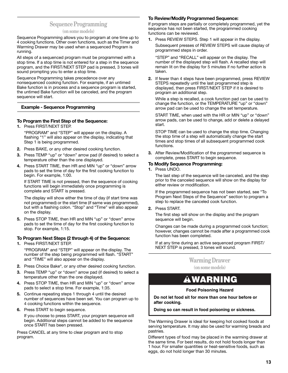 Warning, Sequence programming, Warming drawer | Whirlpool 9762363A User Manual | Page 13 / 20