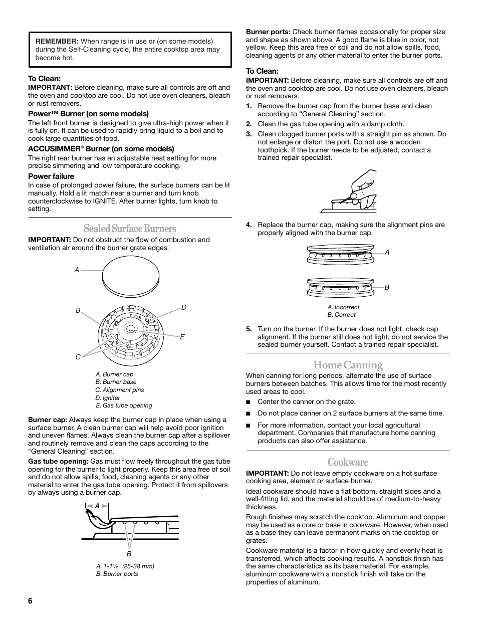 Sealed surface burners, Home canning, Cookware | Whirlpool 9762363A User Manual | Page 6 / 20