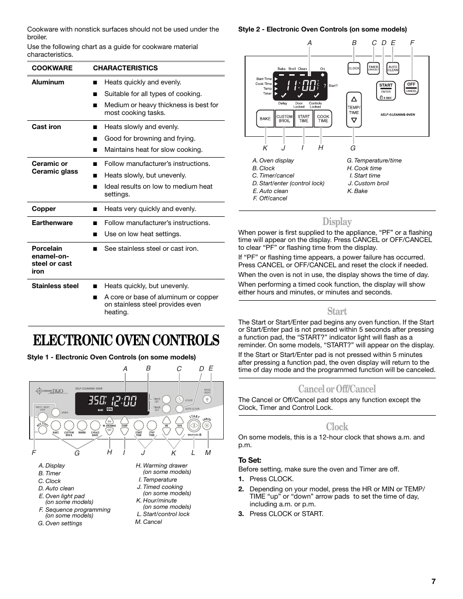 Electronic oven controls, Display, Start | Cancel or off/cancel, Clock | Whirlpool 9762363A User Manual | Page 7 / 20