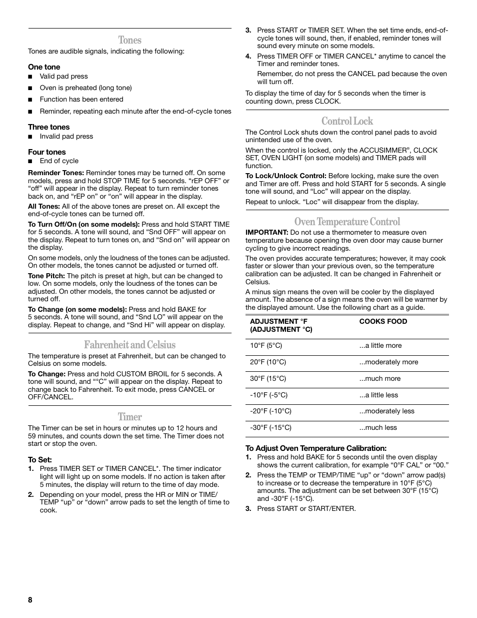 Tones, Fahrenheit and celsius, Timer | Control lock, Oven temperature control | Whirlpool 9762363A User Manual | Page 8 / 20