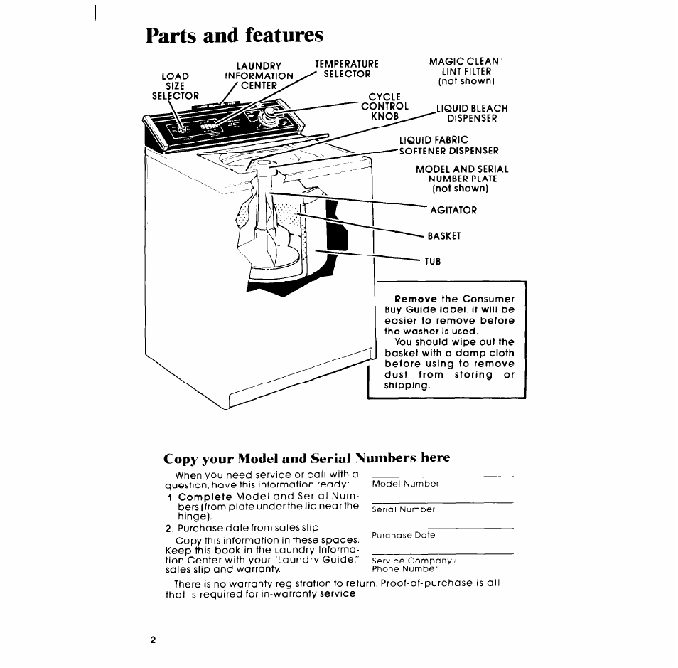 Copy your model and serial numbers here, Parts and features | Whirlpool LA7680XP User Manual | Page 2 / 16