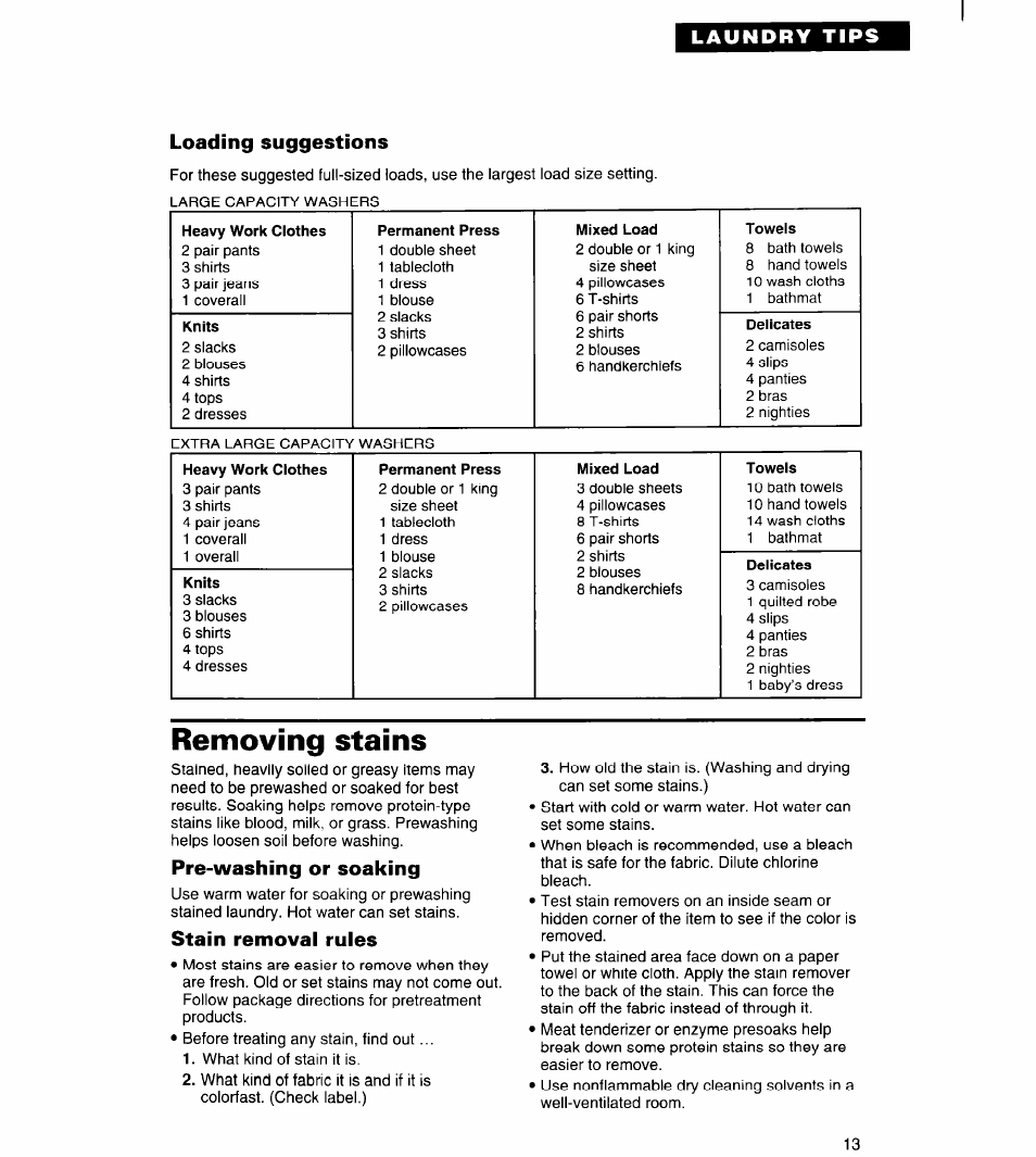 Loading suggestions, Removing stains, Pre-washing or soaking | Stain removal rules | Whirlpool Roper RAL5144BG0 User Manual | Page 13 / 24