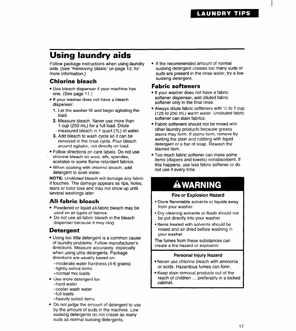 Using laundry aids, Chlorine bleach, All-fabric bleach | Detergent, Fabric softeners, Awarning | Whirlpool Roper RAL5144BG0 User Manual | Page 17 / 24