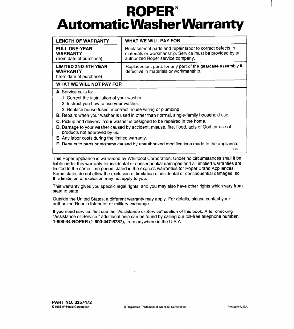 Ropera, Automatic washer warranty, Ropera automatic washer warranty | Whirlpool Roper RAL5144BG0 User Manual | Page 24 / 24