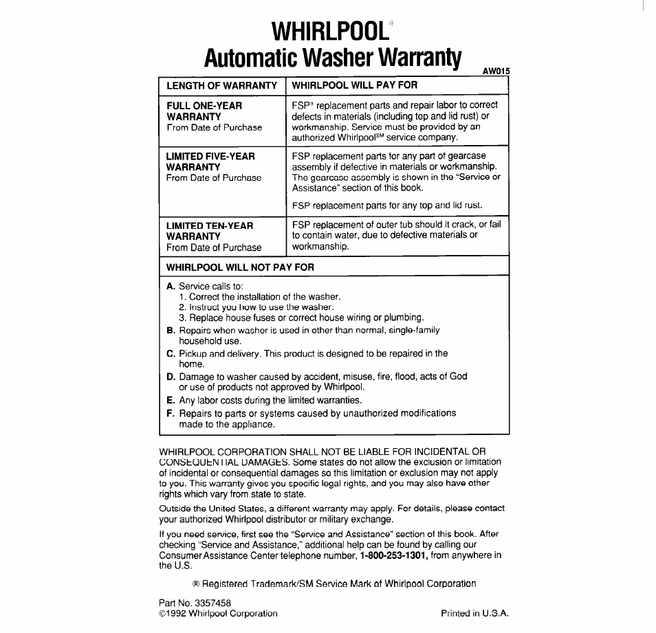 Whirlpool, Automatic washer warranty, Whirlpool automatic washer | Warranty, Whirlpool automatic washer warranty | Whirlpool LPR4231A User Manual | Page 16 / 16