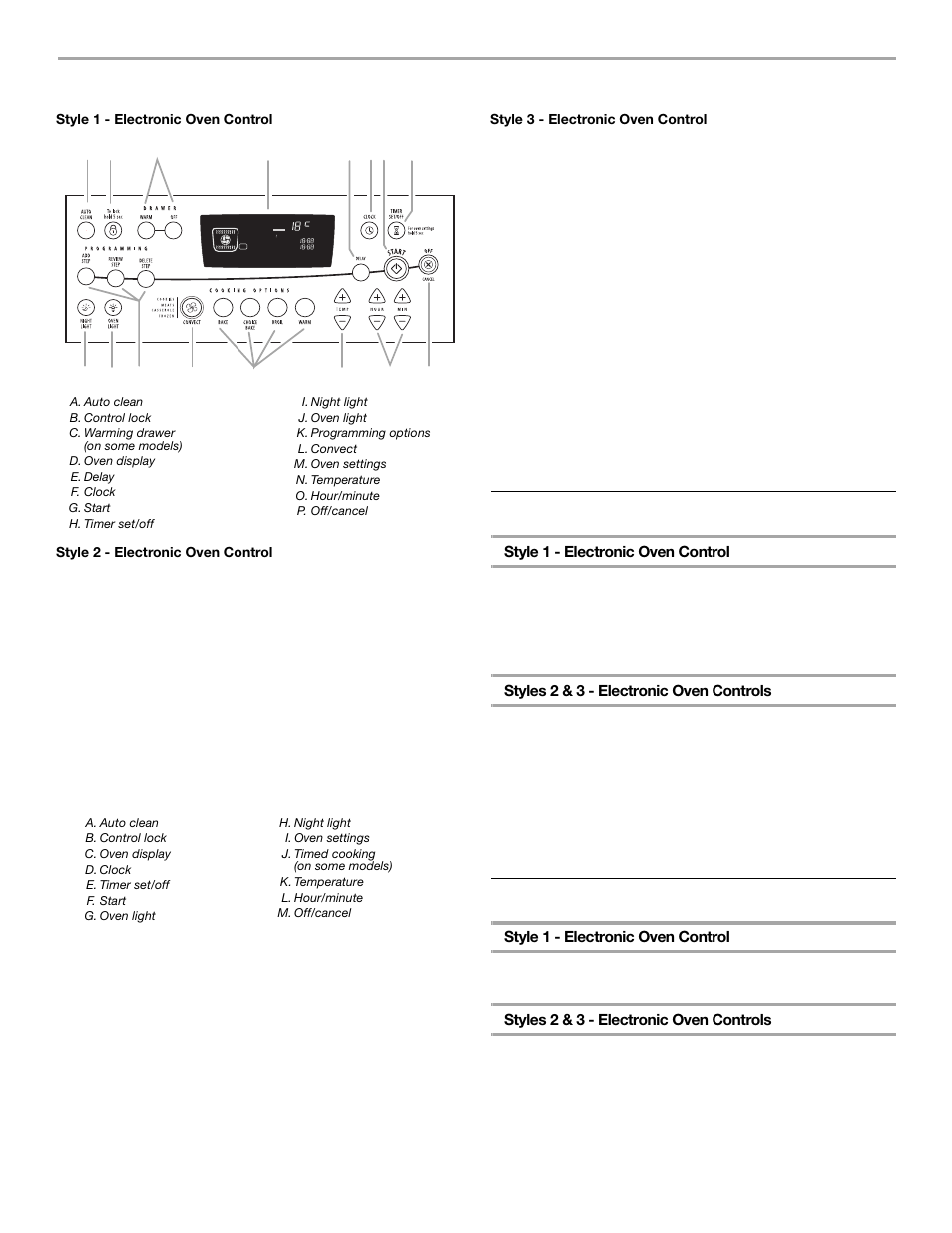 Electronic oven controls, Display, Start | Style 1 - electronic oven control, Styles 2 & 3 - electronic oven controls | Whirlpool 9761079 User Manual | Page 11 / 28