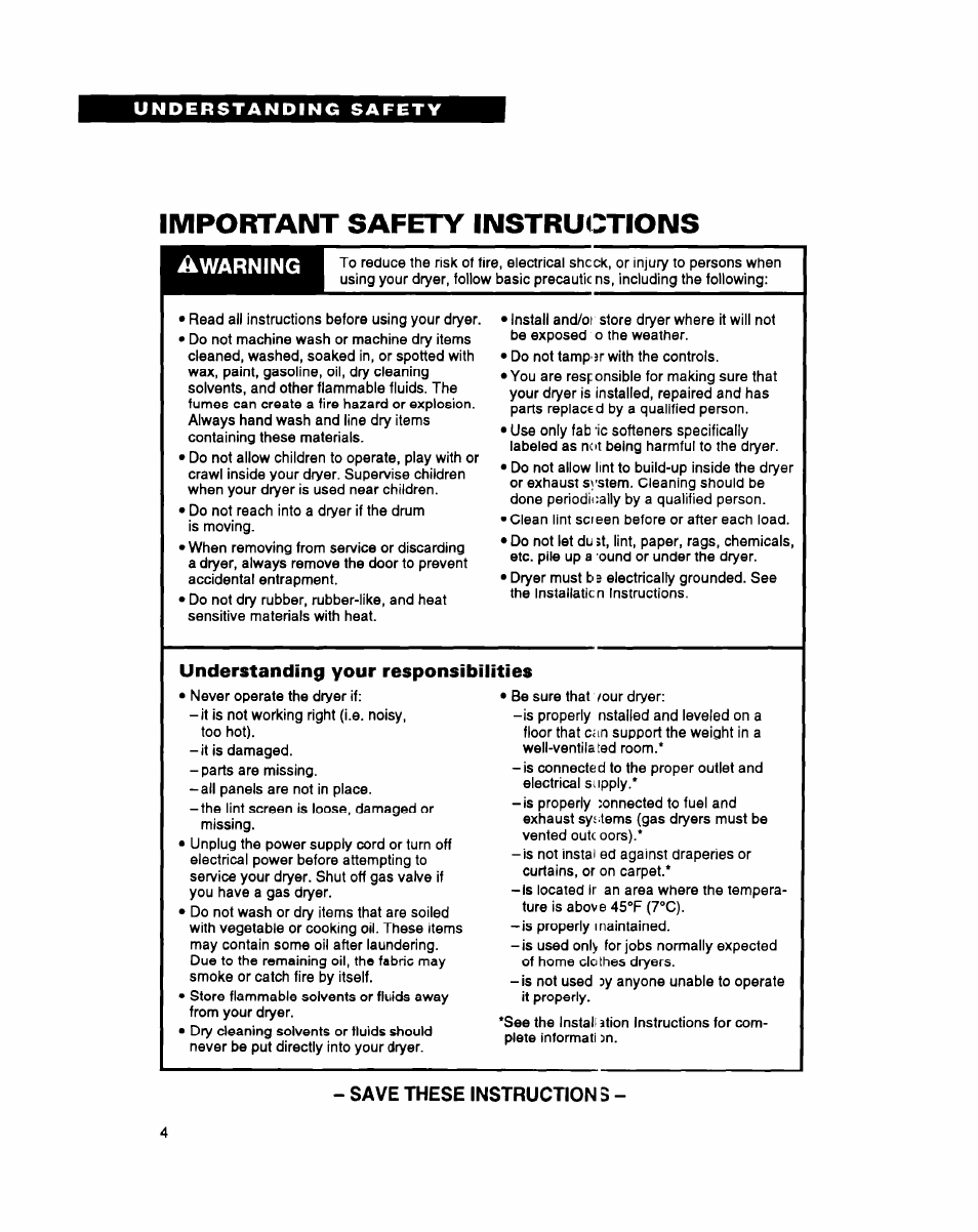 Important safety instructions, Understanding your responsibilities | Whirlpool 3396311 User Manual | Page 4 / 23
