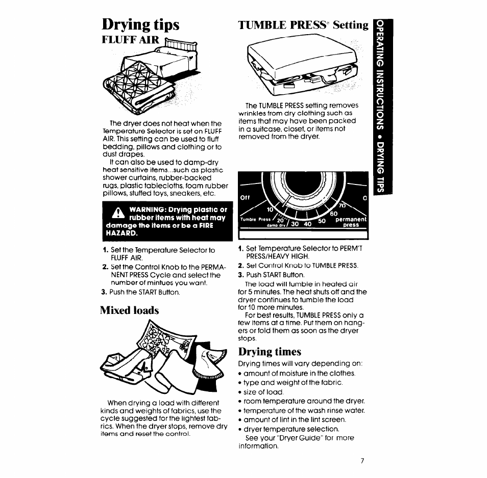 Drying tips, Fluff air, Tumble press setting | Mixed loads, Drying times, Fluff air tumble press setting | Whirlpool 3LE5710XM User Manual | Page 7 / 12