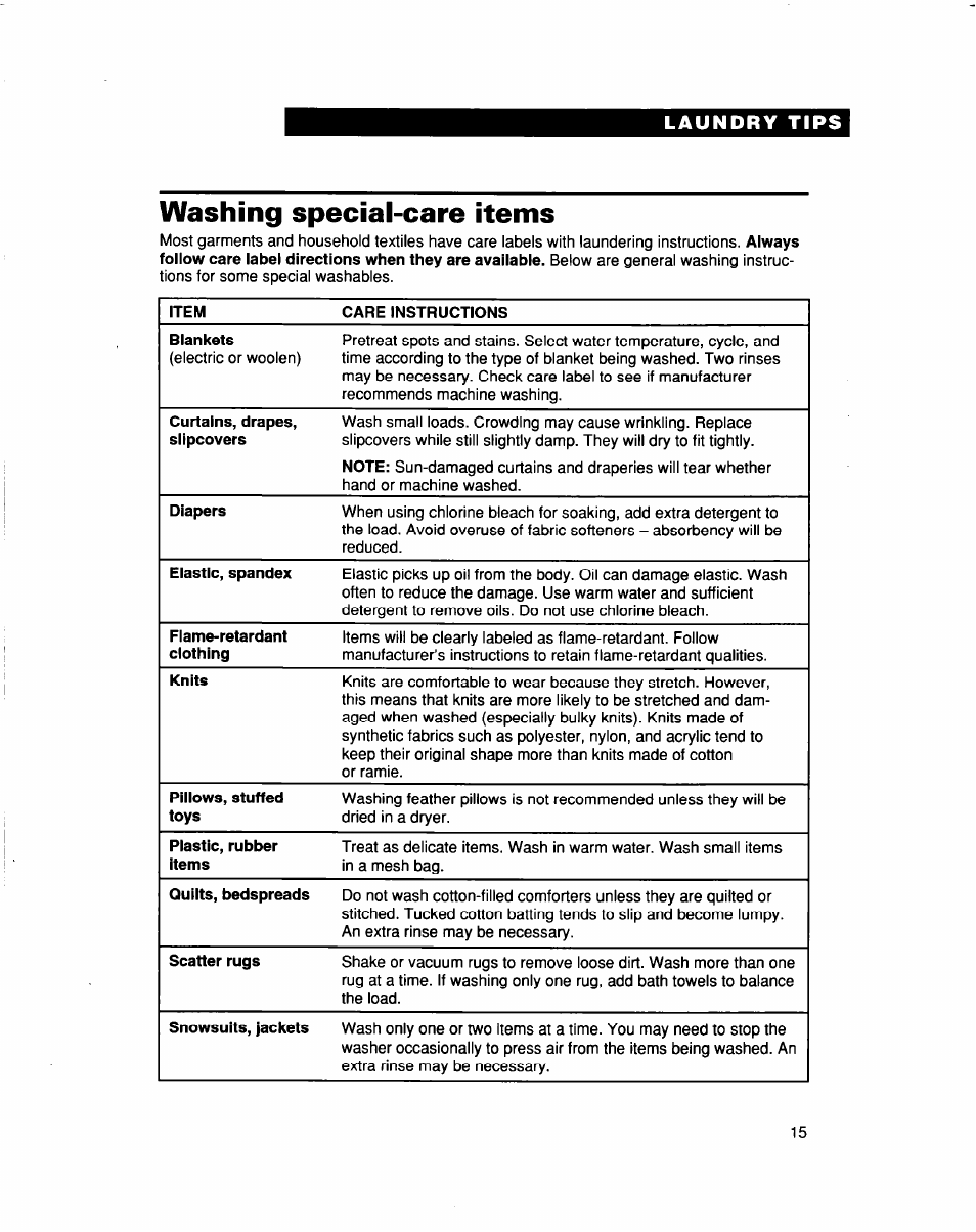 Washing special-care items | Whirlpool 3363565 User Manual | Page 15 / 22