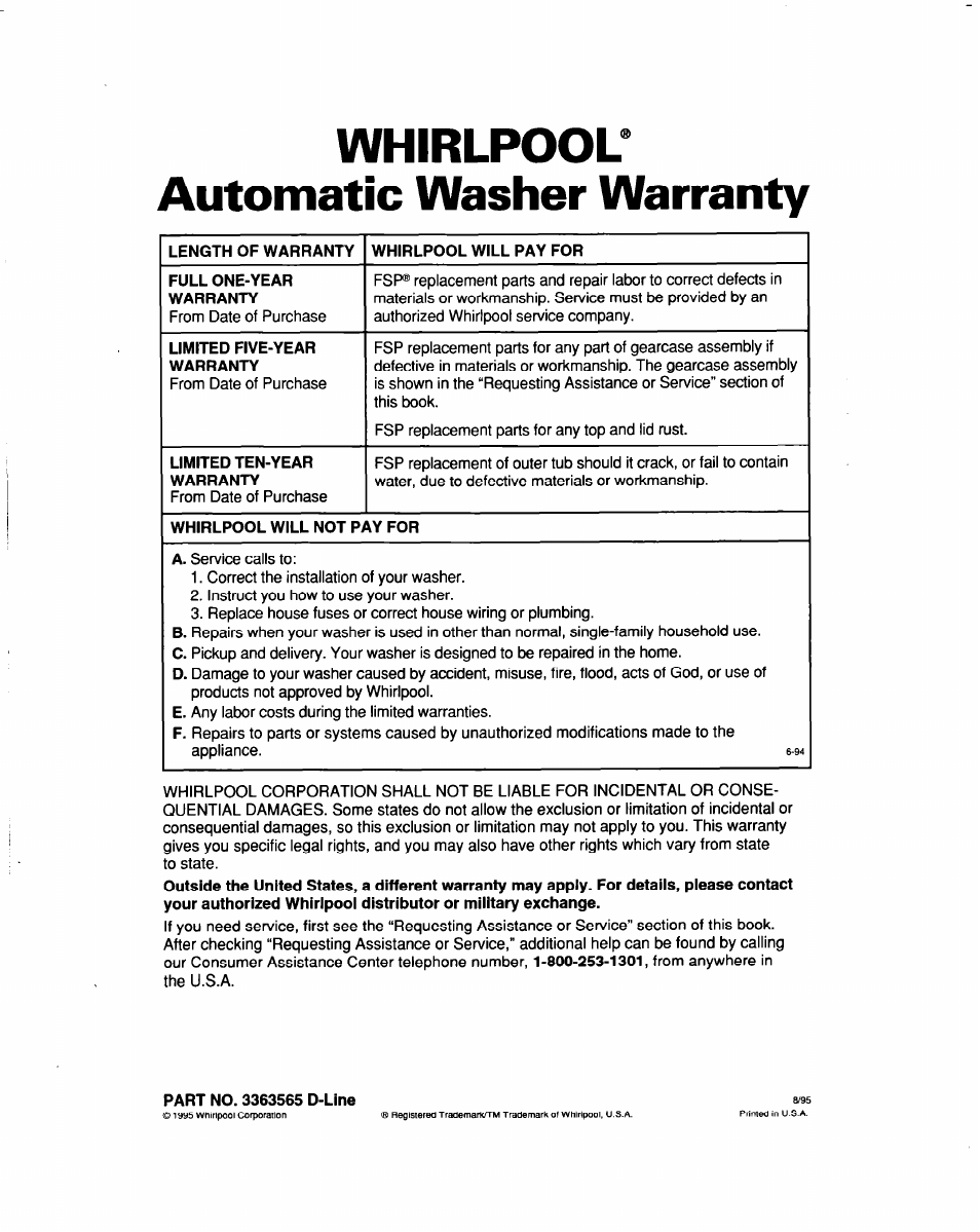 Whirlpool, Automatic washer warranty, Whirlpool^ automatic washer warranty | Whirlpool 3363565 User Manual | Page 22 / 22