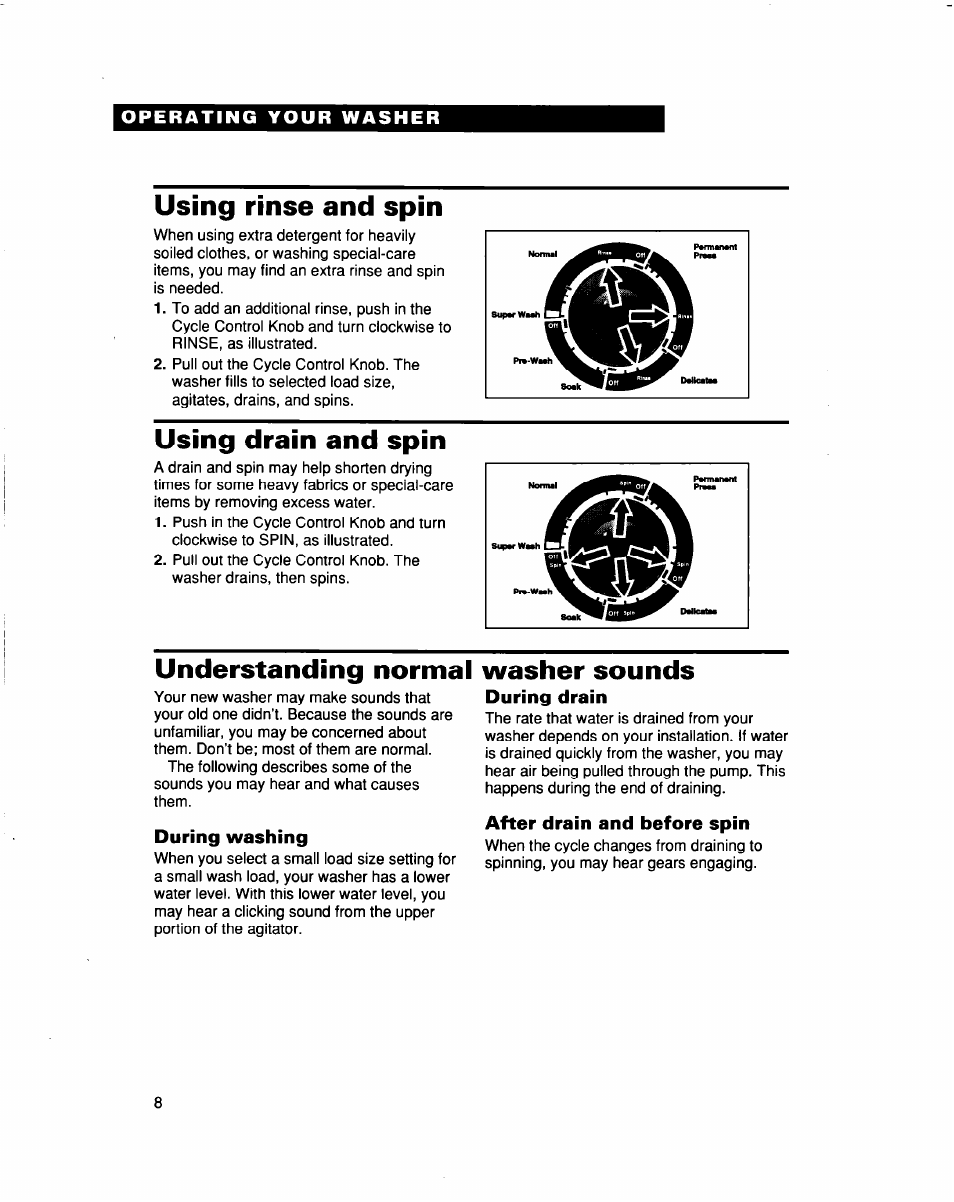 Using rinse and spin, Using drain and spin, During washing | During drain, After drain and before spin, Understanding normal washer sounds | Whirlpool 3363565 User Manual | Page 8 / 22