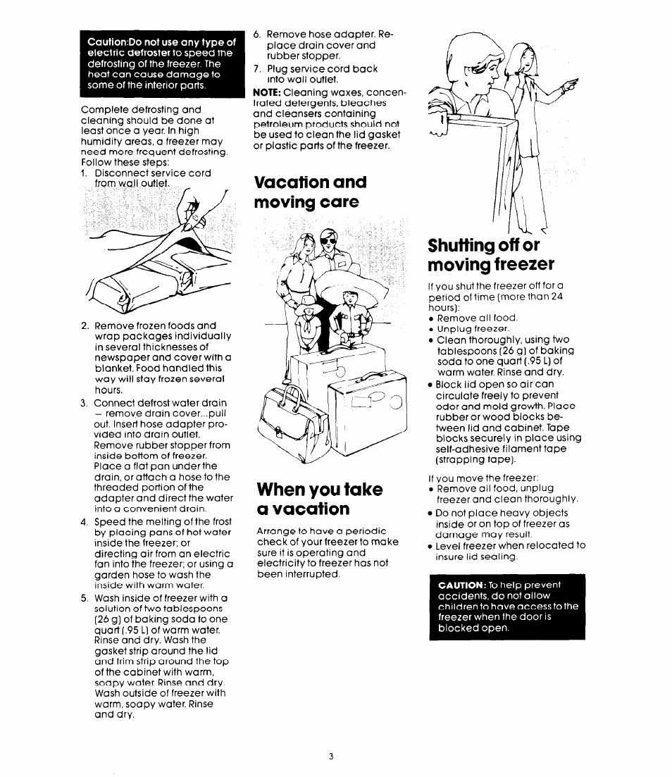 Vacation and moving care, When you take a vacation, Moving freezer | Vacation and moving care when you take a vacation | Whirlpool EHH-150CW User Manual | Page 5 / 6