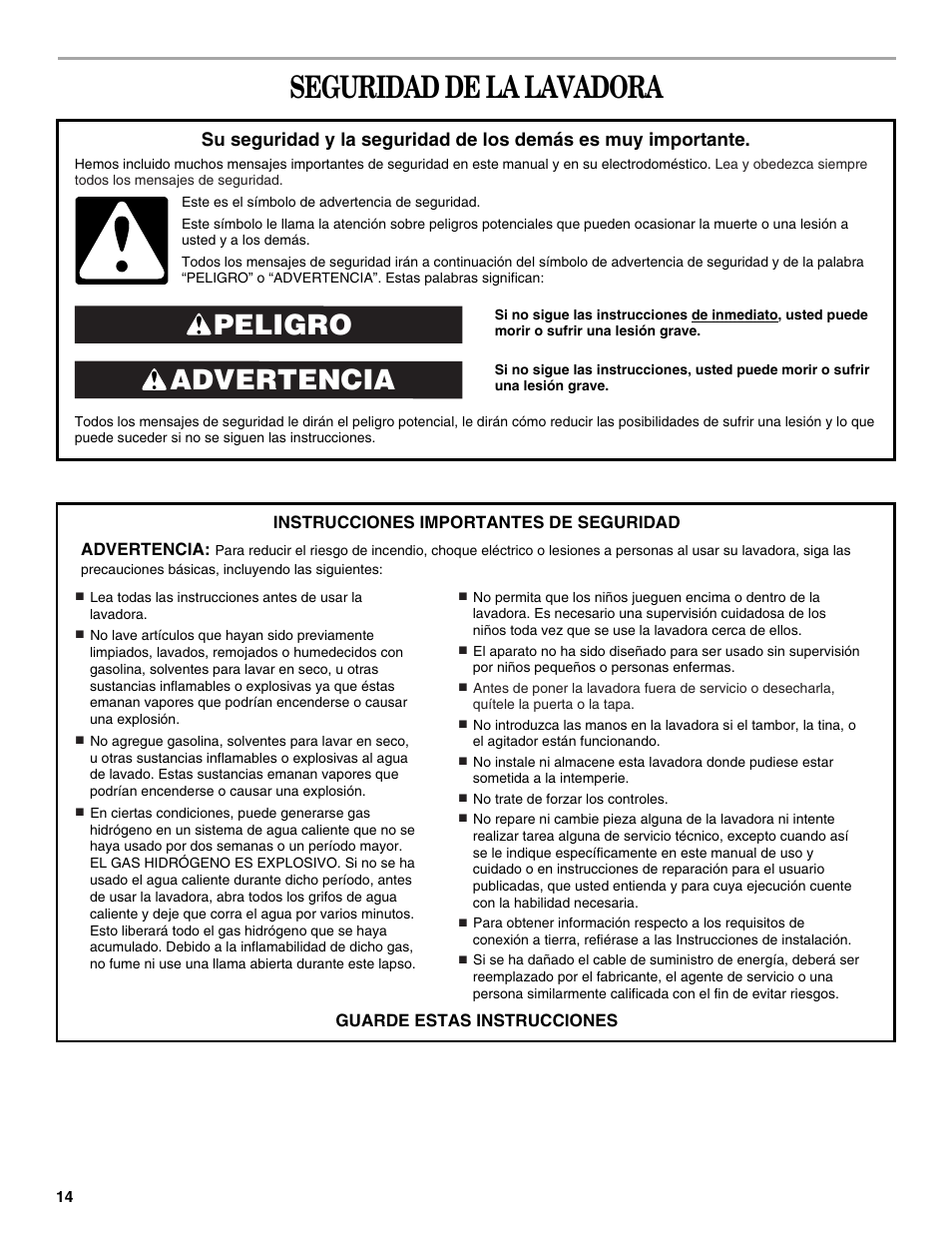 Seguridad de la lavadora, Advertencia peligro | Whirlpool 3XWTW5705 User Manual | Page 14 / 36