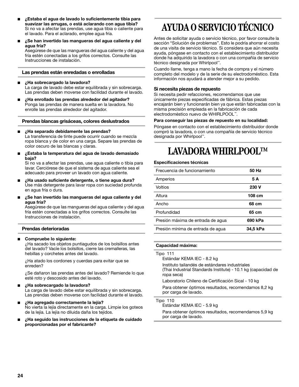 Ayuda o servicio técnico, Lavadora whirlpool | Whirlpool 3XWTW5705 User Manual | Page 24 / 36