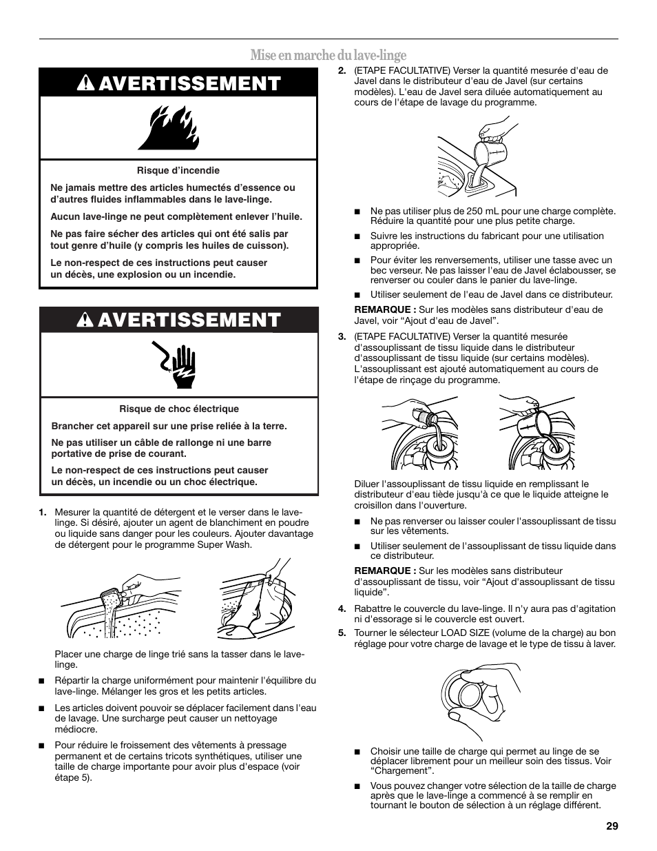 Avertissement, Mise en marche du lave-linge | Whirlpool 3XWTW5705 User Manual | Page 29 / 36