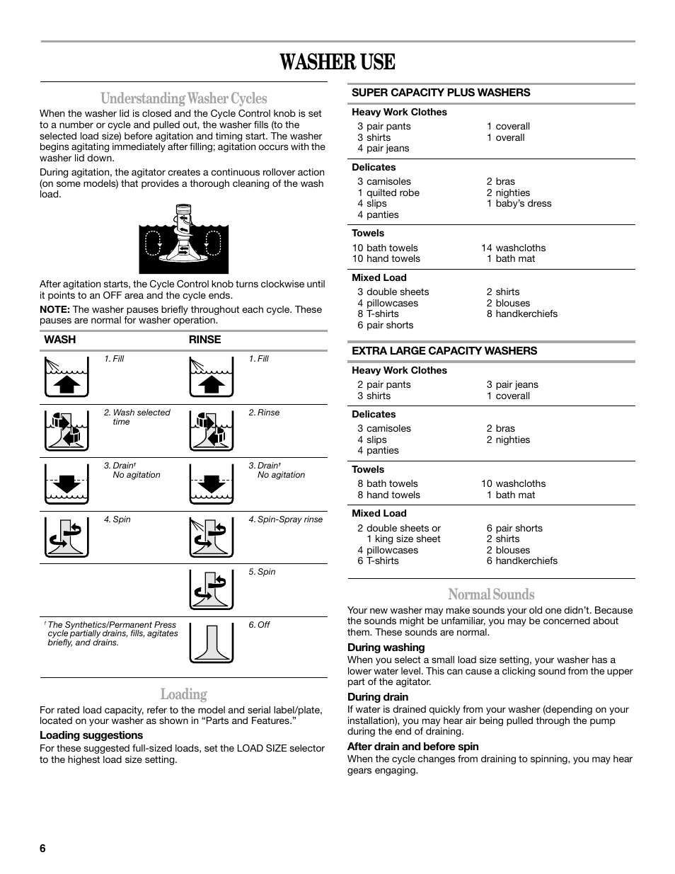 Washer use, Understanding washer cycles, Loading | Normal sounds | Whirlpool 3XWTW5705 User Manual | Page 6 / 36