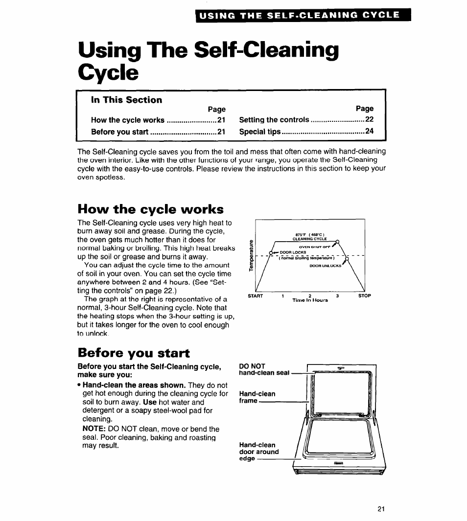 Using the self-cleaning cycle, How the cycle works, Before you start | Whirlpool FES310Y User Manual | Page 21 / 32