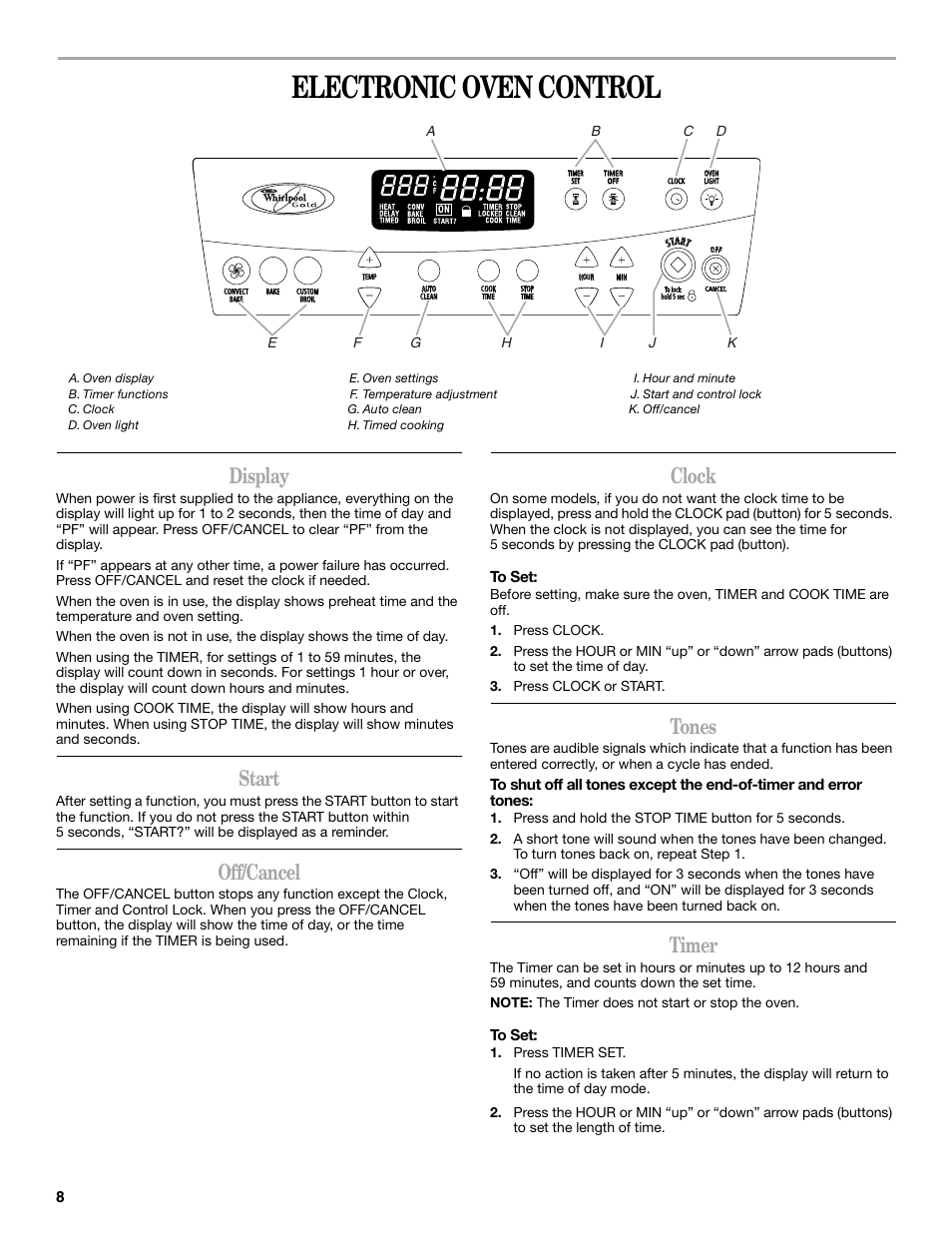 Electronic oven control, Display, Start | Off/cancel, Clock, Tones, Timer | Whirlpool 9762257 User Manual | Page 8 / 20