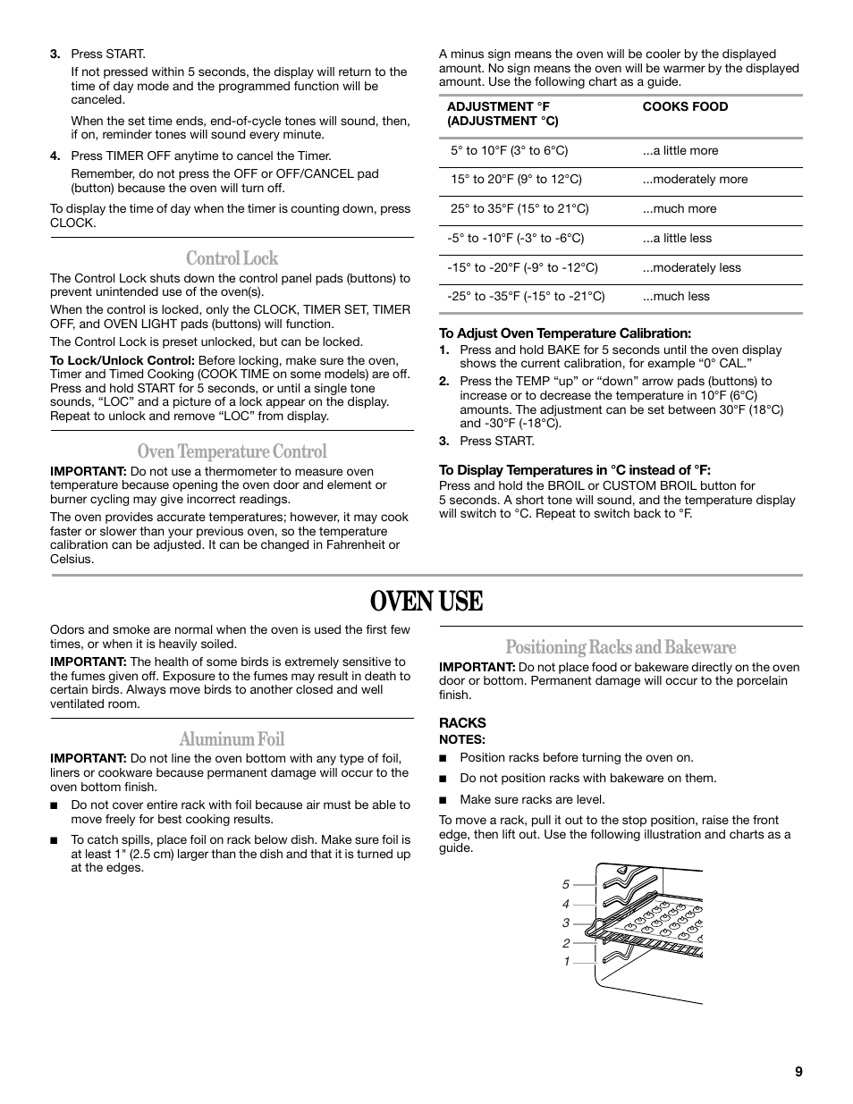 Oven use, Control lock, Oven temperature control | Aluminum foil, Positioning racks and bakeware | Whirlpool 9762257 User Manual | Page 9 / 20