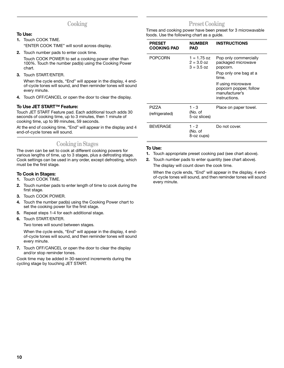 Cooking, Cooking in stages, Preset cooking | Whirlpool MT1120SL User Manual | Page 10 / 16