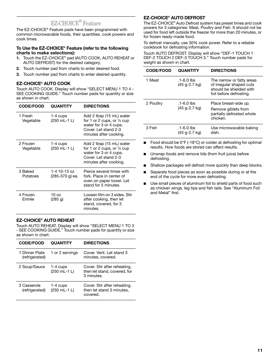 Ez-choice, Feature | Whirlpool MT1120SL User Manual | Page 11 / 16