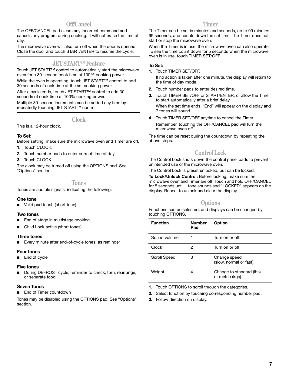 Off/cancel, Jet start™ feature, Clock | Tones, Timer, Control lock, Options | Whirlpool MT1120SL User Manual | Page 7 / 16