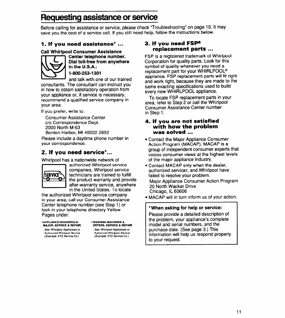 If you need assistance, If you need service, If you need fsp® replacement parts | Requesting assistance or service, Rvke | Whirlpool TD2500XF0 User Manual | Page 11 / 12