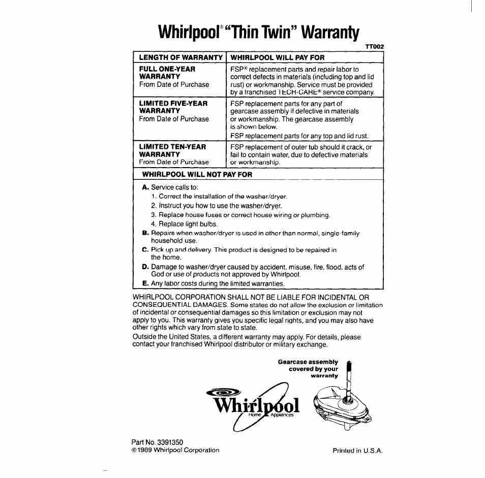 Whirlpoor“thjn twin” warranty, Whirl | Whirlpool LT51OOXS User Manual | Page 20 / 20