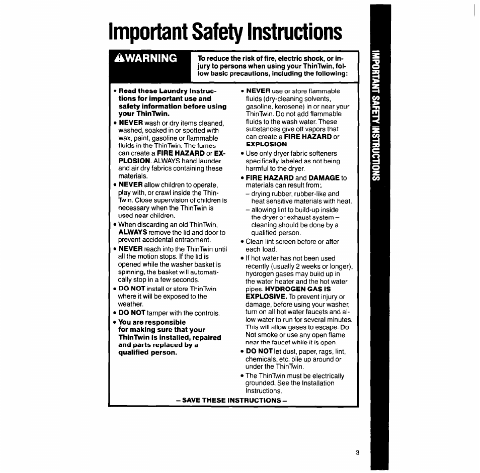 Save these instructions, Important safety instructions, Warning | Whirlpool LT51OOXS User Manual | Page 3 / 20
