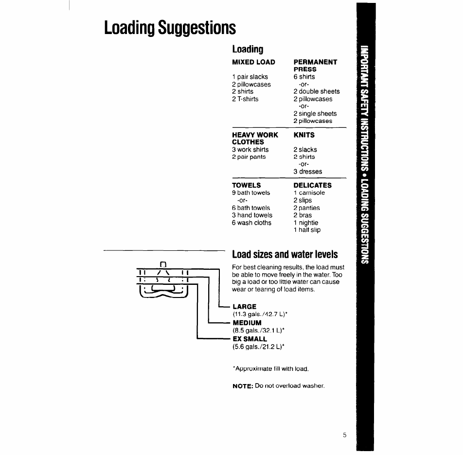 Loading suggestions, Loading, Load sizes and water ievels | Loading load sizes and water levels | Whirlpool LT51OOXS User Manual | Page 5 / 20