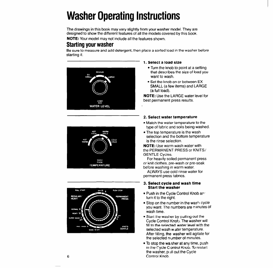 Washer operating instructions, Starting your washer, Select a load size | Select water temperature | Whirlpool LT51OOXS User Manual | Page 6 / 20