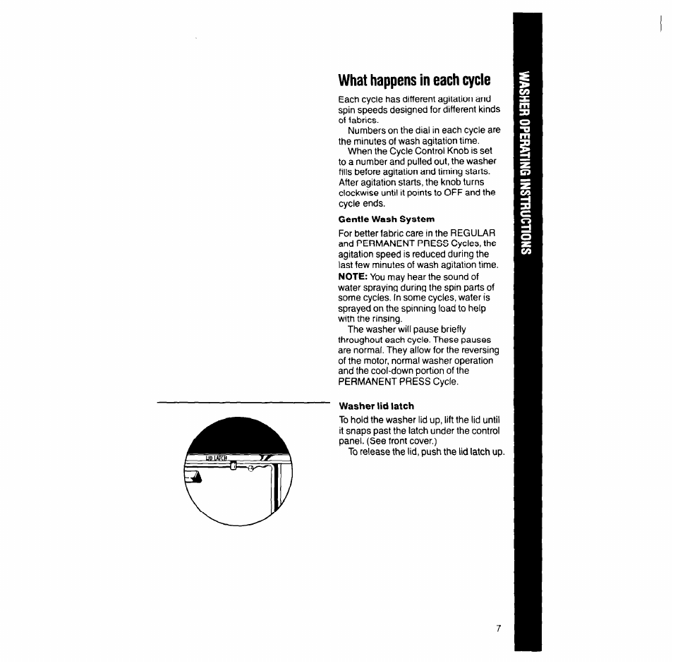 What happens in each cycle, Washer lid latch | Whirlpool LT51OOXS User Manual | Page 7 / 20