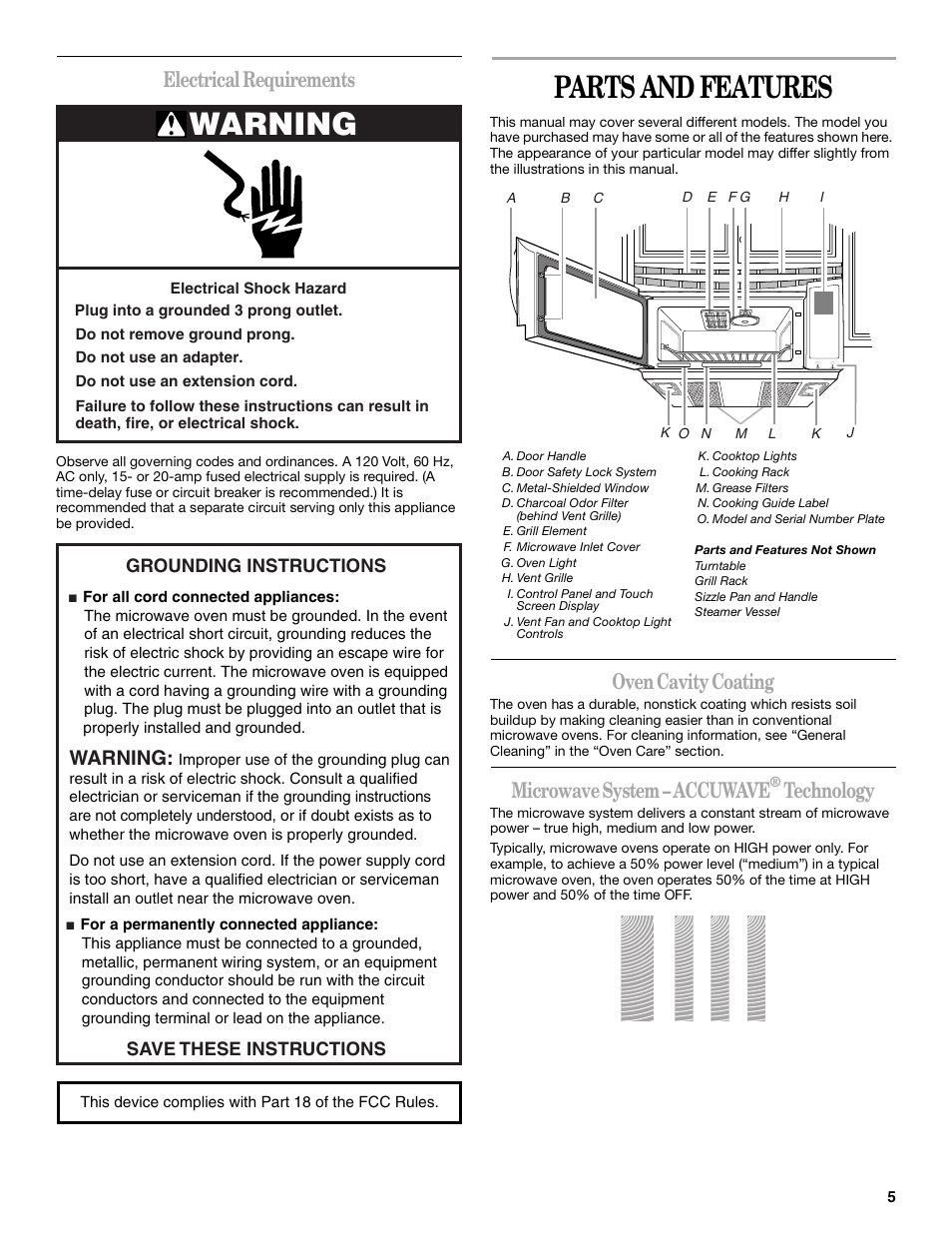 Parts and features, Warning, Electrical requirements | Oven cavity coating, Microwave system – accuwave, Technology | Whirlpool GH6178XP User Manual | Page 5 / 24