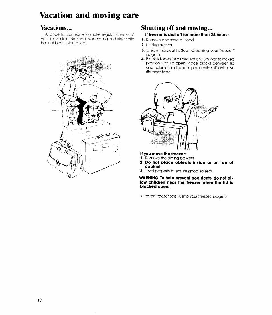 Vacation and moving care, Vacations, Shutting off and moving | Whirlpool EH23EFX User Manual | Page 10 / 12
