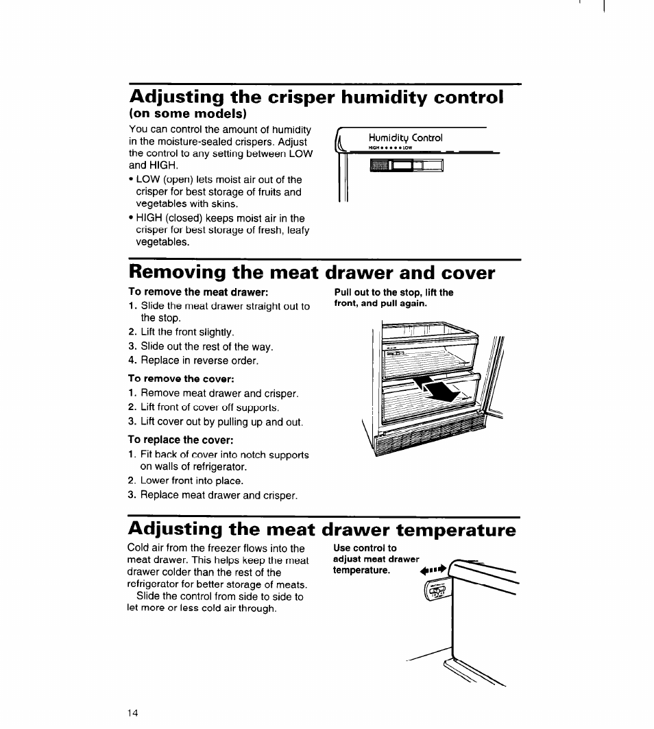 Removing the meat drawer and cover, Adjusting the meat drawer temperature, Adjusting the meat drawer | Temperature, Adjusting the crisper humidity control | Whirlpool 3VED23DQDW00 User Manual | Page 15 / 33