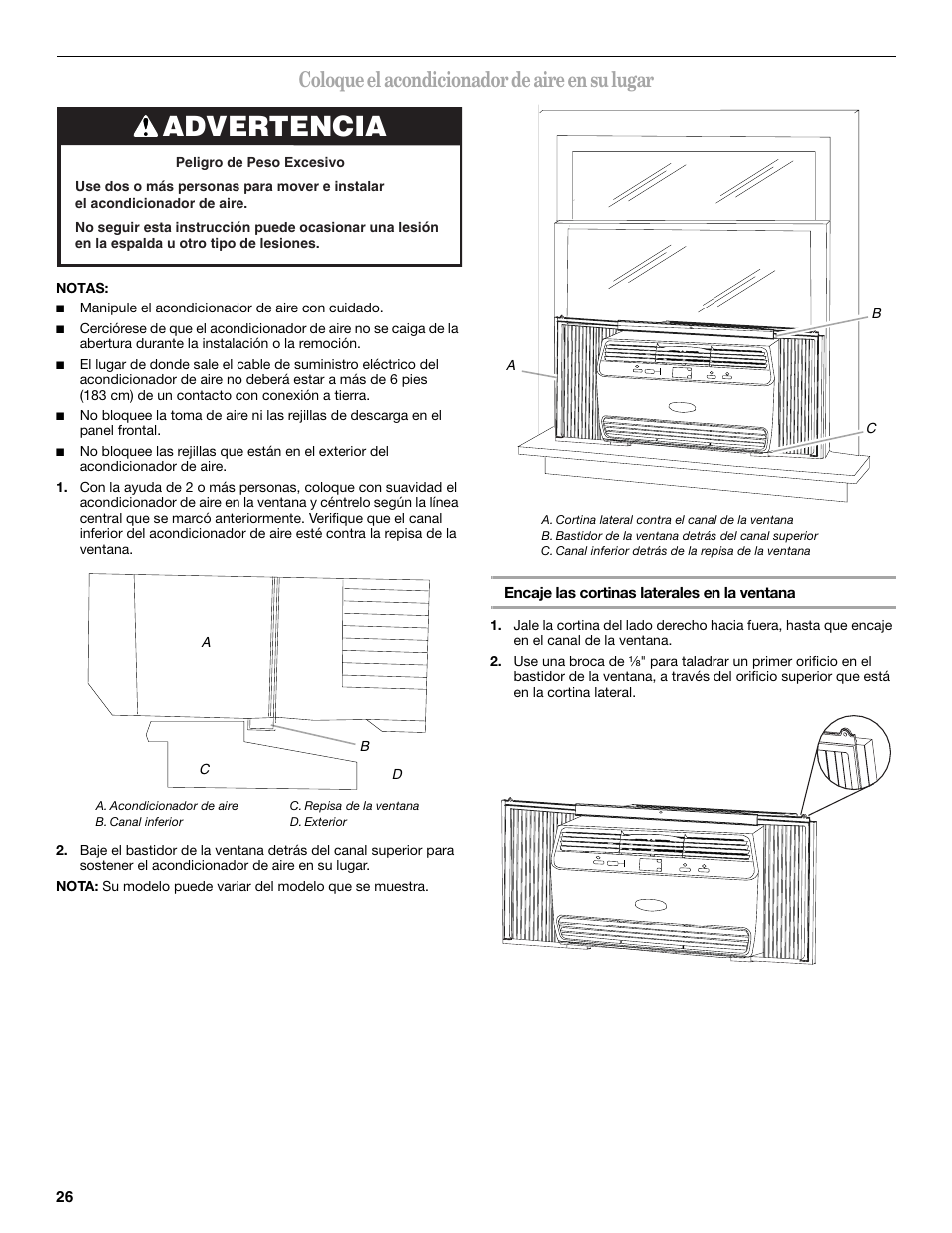 Advertencia, Coloque el acondicionador de aire en su lugar | Whirlpool 66161279 User Manual | Page 26 / 60
