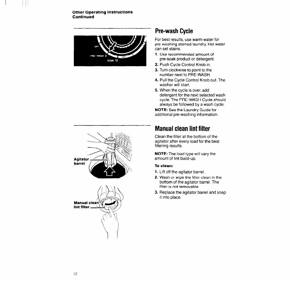 To clean, Pre-wash cycle, Manual clean lint filter | Whirlpool LT5004XV User Manual | Page 12 / 20