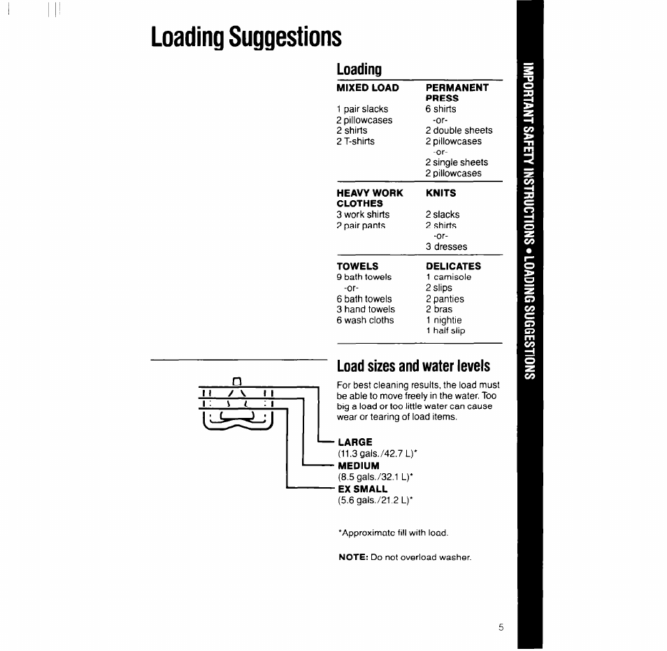 Loading suggestions, Large, Ex small | Loading, Load sizes and water levels | Whirlpool LT5004XV User Manual | Page 5 / 20