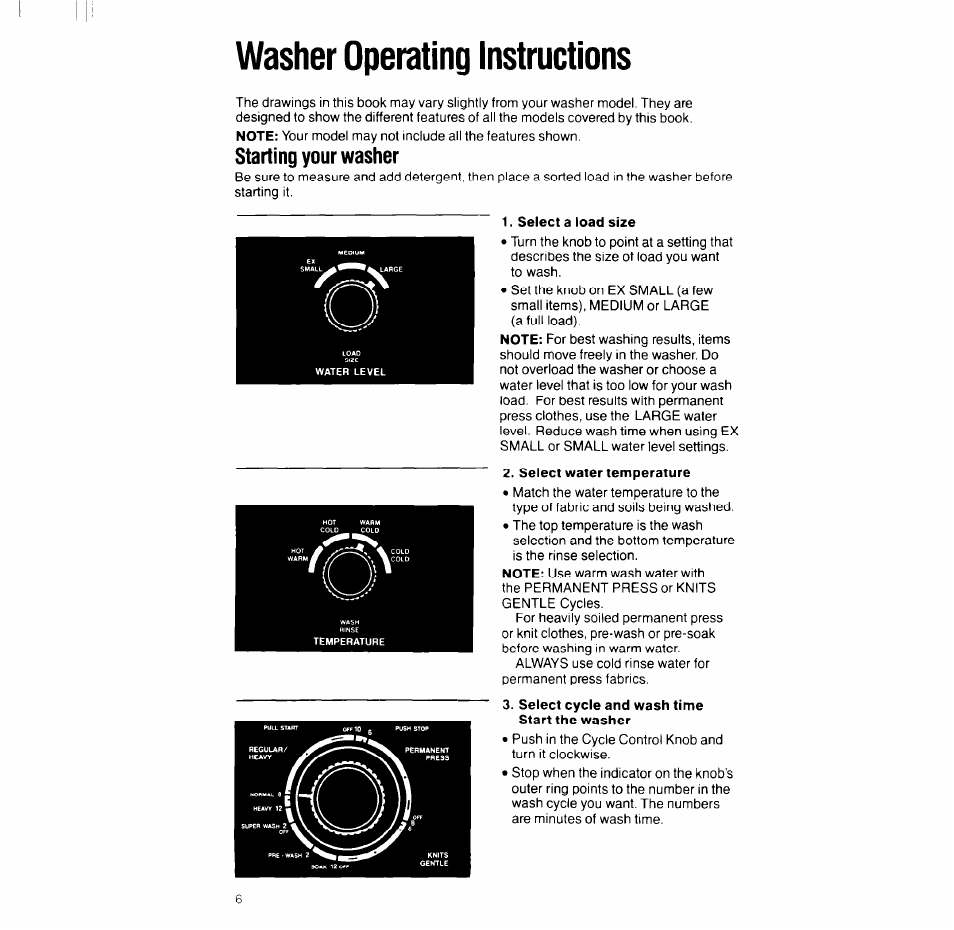 Washer operating instructions, Select a load size, Select water temperature | Starting your washer | Whirlpool LT5004XV User Manual | Page 6 / 20