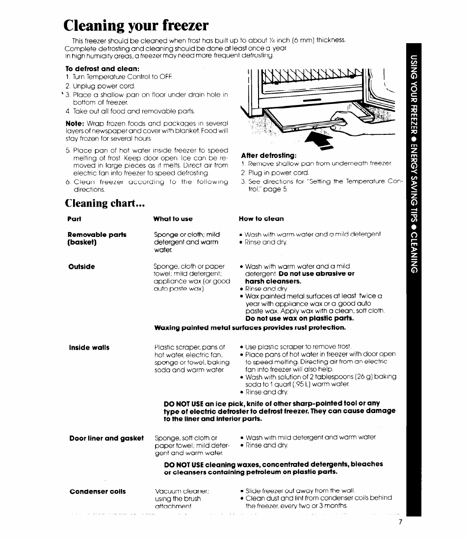 Cleaning your freezer, To defrost and clean, Cleaning chart | Part, Removable parts (basket), How to clean, Outside, Detergent do not use abrasive or harsh cleansers, Door liner and gasket | Whirlpool EV150F User Manual | Page 7 / 12