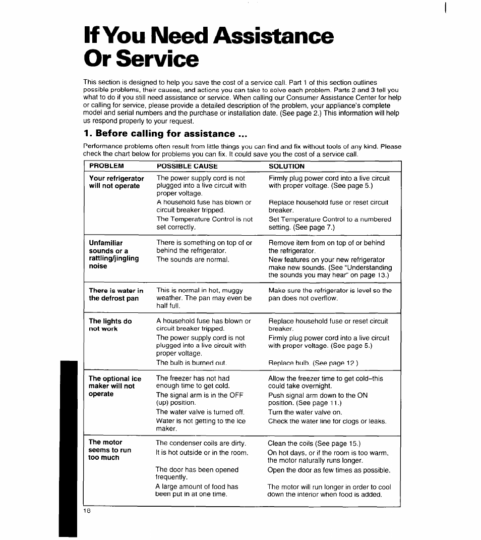 If you need assistance or service, Before calling for assistance | Whirlpool 8ET18NK User Manual | Page 19 / 22