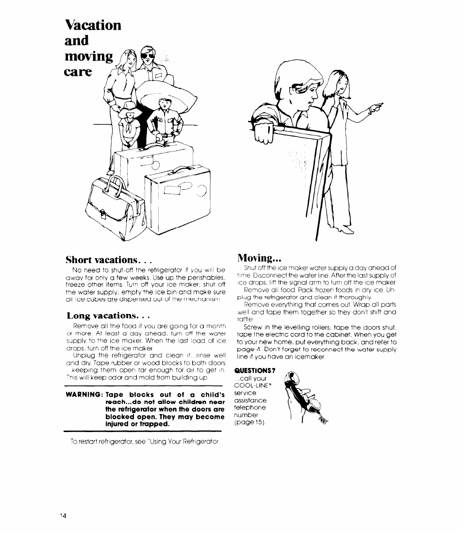 Vacation, Short vacations, Long vacations | Moving | Whirlpool ET22ZM User Manual | Page 14 / 16