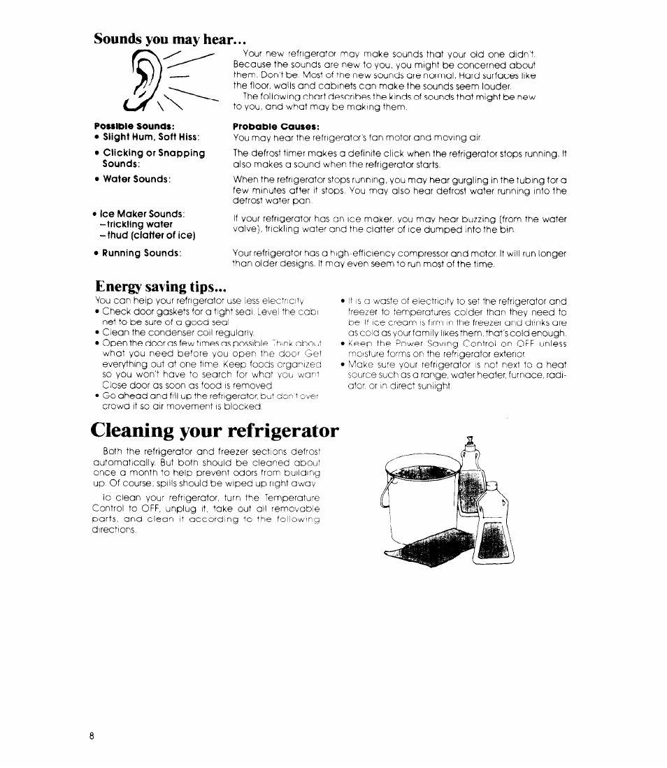 Sounds you may hear, Energy saving tips, Cleaning your refrigerator | Whirlpool ET22ZM User Manual | Page 8 / 16