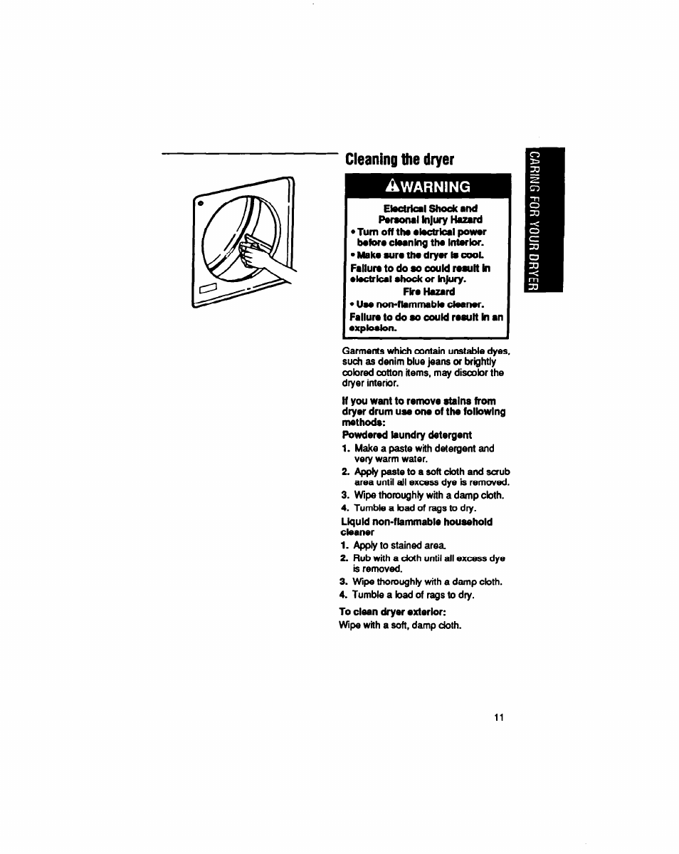 Cleaning the dryer | Whirlpool LE5200XT User Manual | Page 11 / 16