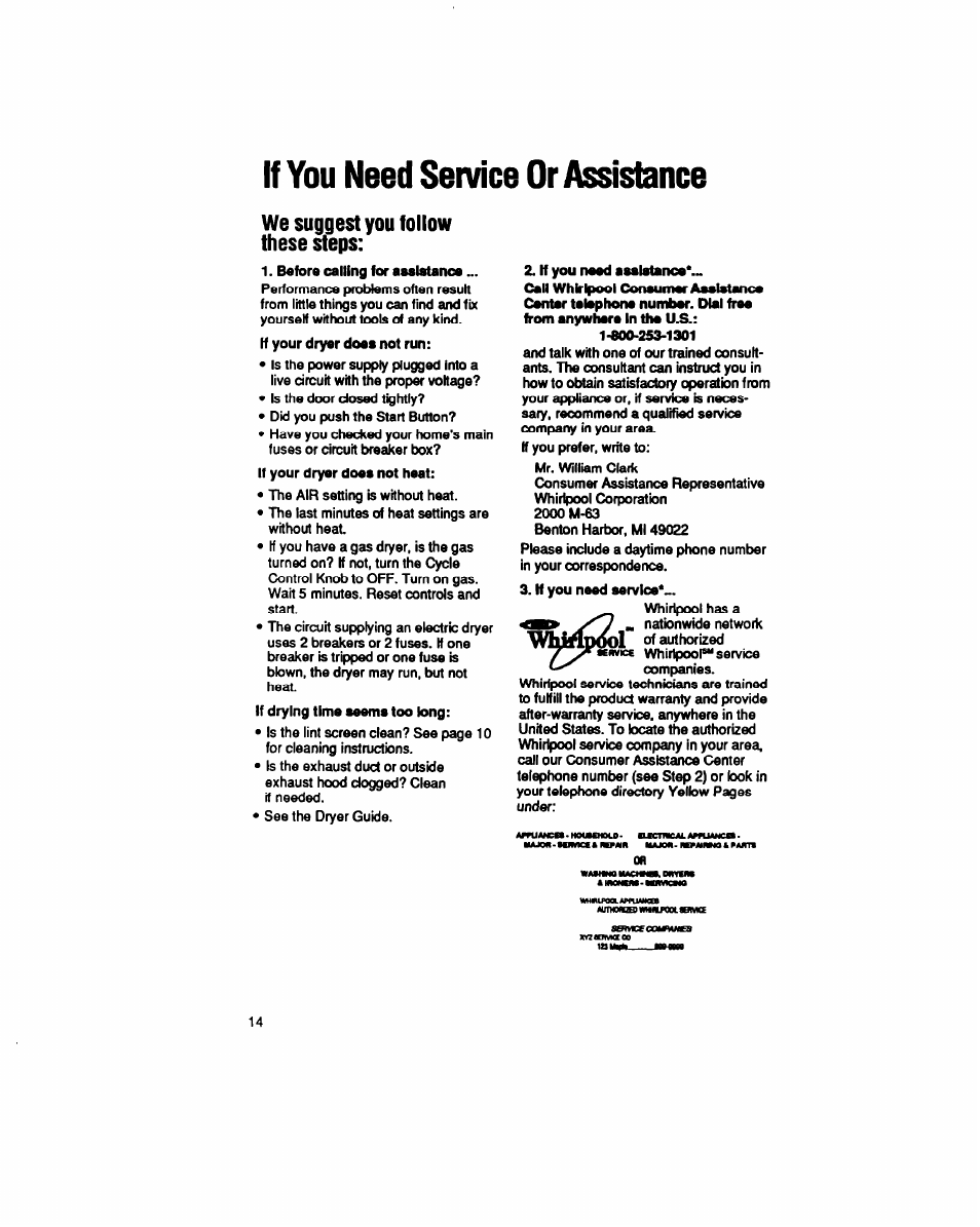 If you need service or assistance, We suggest you follow these steps | Whirlpool LE5200XT User Manual | Page 14 / 16