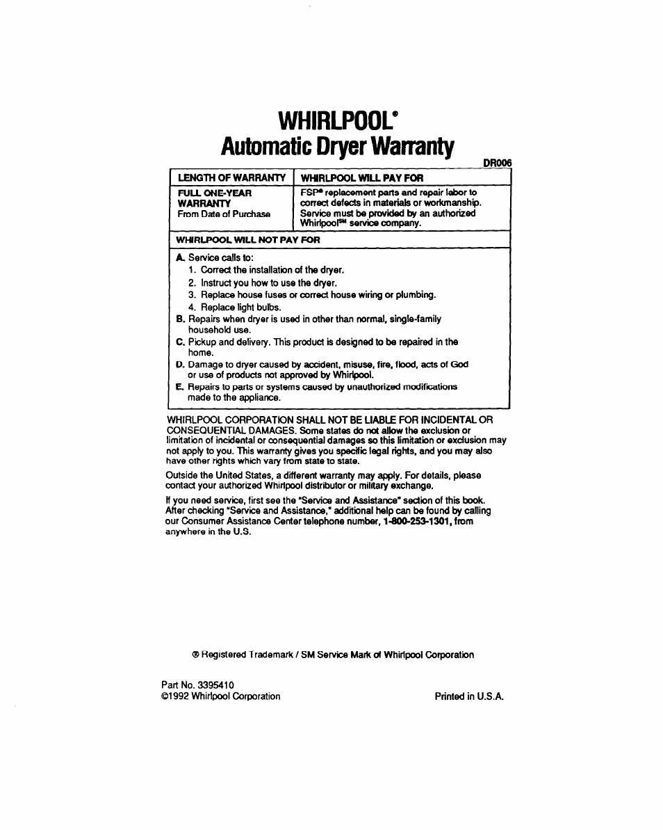 Whirlpool* automatic dryer warranty | Whirlpool LE5200XT User Manual | Page 16 / 16
