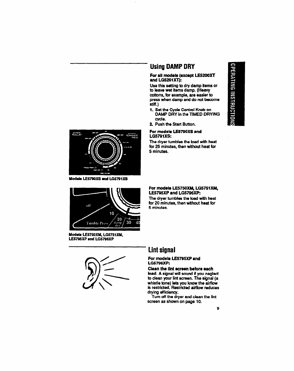 Using damp dry, Lint signal | Whirlpool LE5200XT User Manual | Page 9 / 16