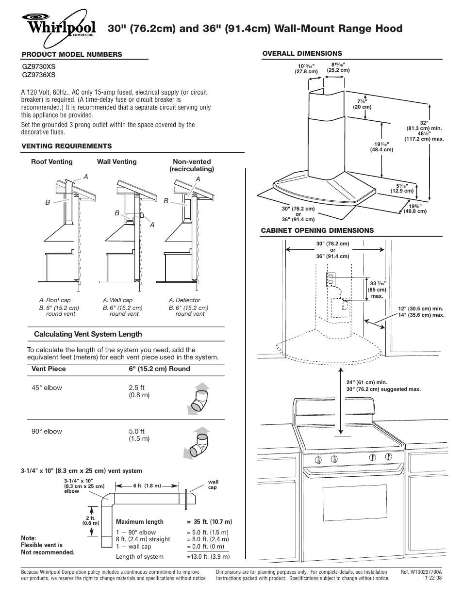 Whirlpool GZ9736XS User Manual | 1 page